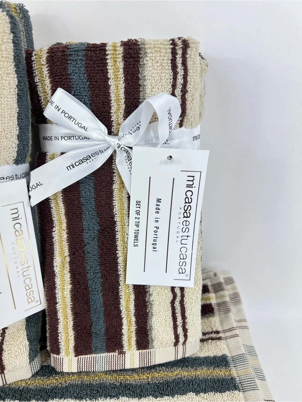 Mi Casa Es Tu Casa Bathroom Towel Set Brown Teal Tan Stripe 100% Cotton 6 Pc NEW